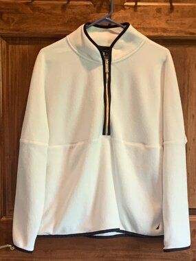 MEN'S 1/2 ZIP NAUTICA FLEECE, WHITE WITH NAVY BLUE TRIM, MEDIUM, EUC